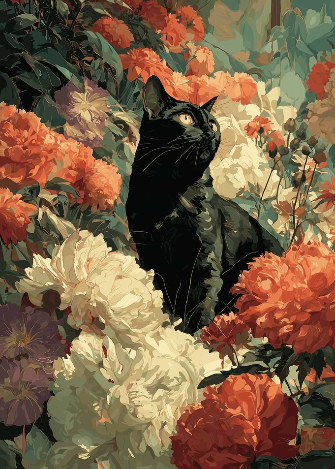Black Cat in Floral Garden