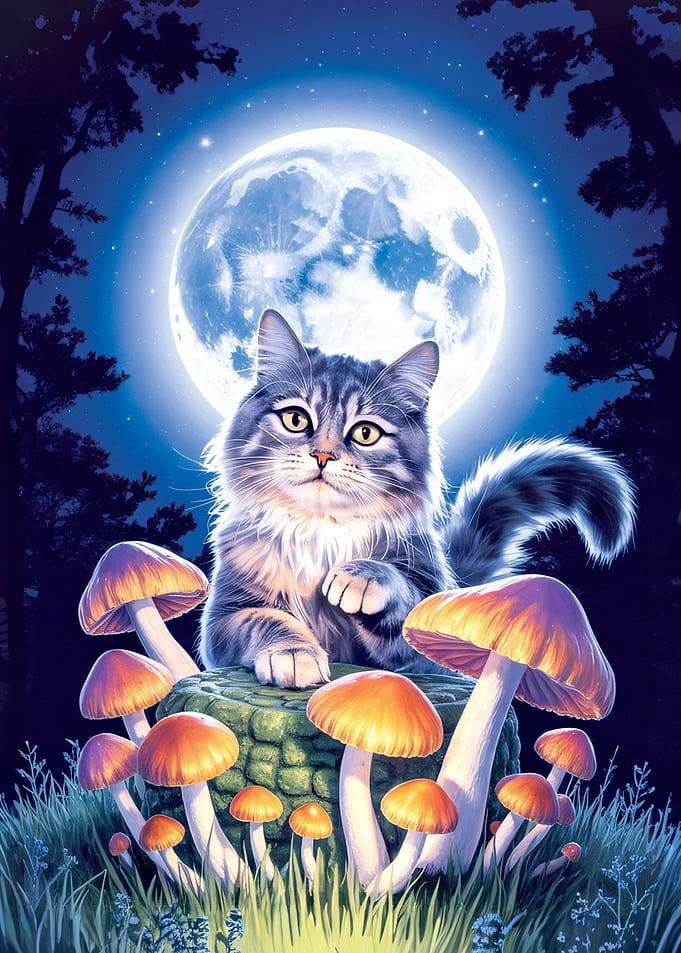 Moonlit Tabby Cat and Mushrooms in Forest