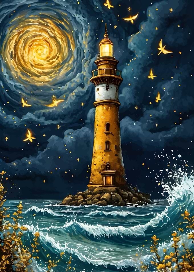 Lighthouse at Night with Starry Sky