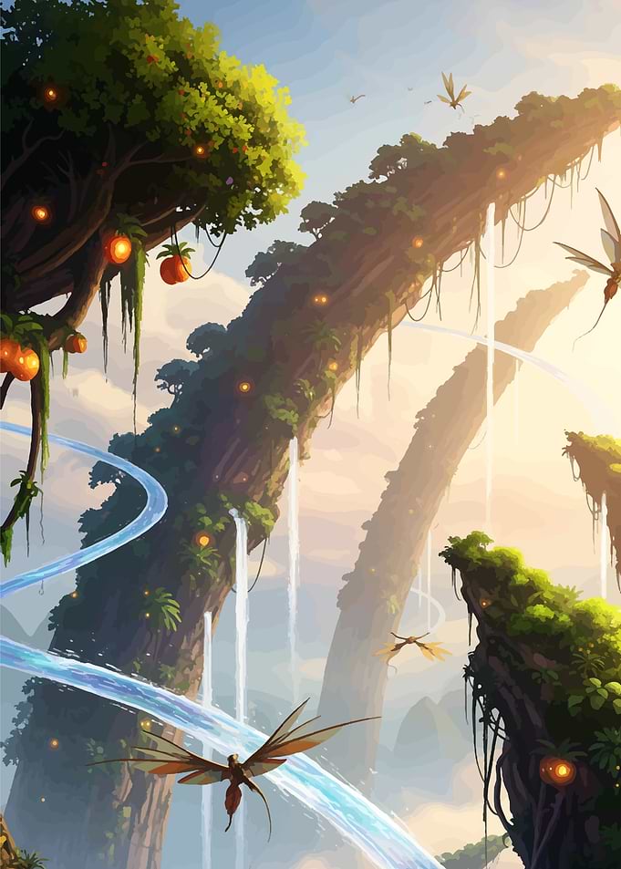 Fantasy Landscape with Waterfalls and Creatures