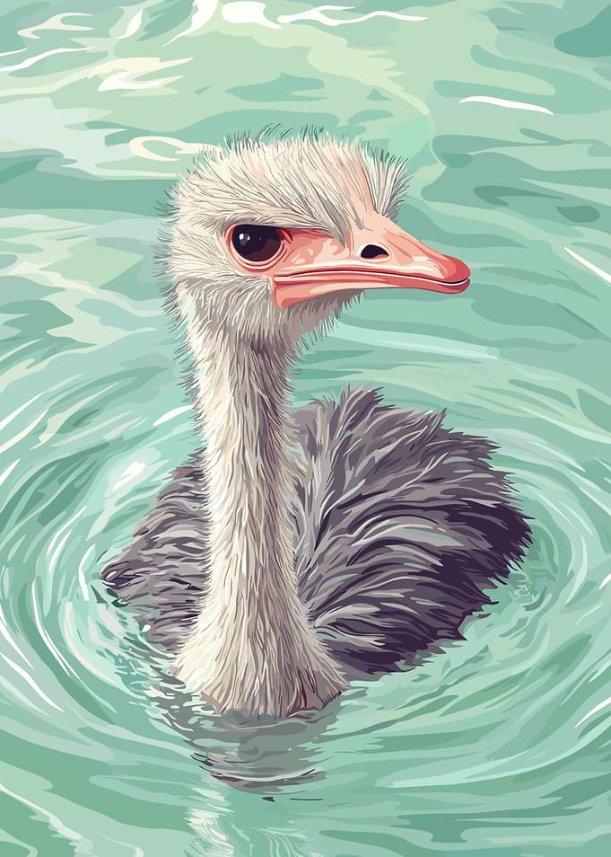 Ostrich Swimming in Water Illustration