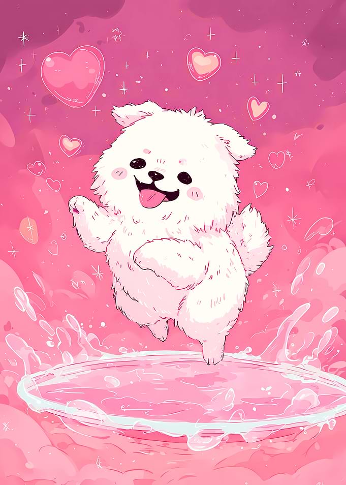 Happy Fluffy Dog in a Pink Heart World