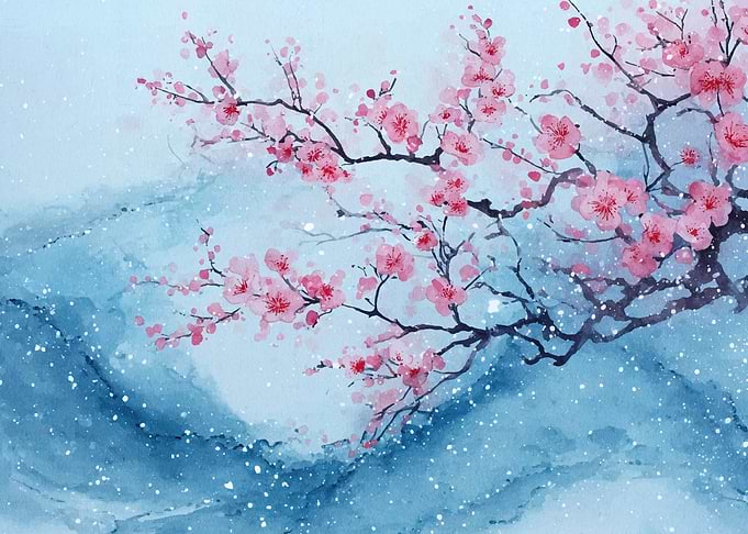 Pink Cherry Blossoms Watercolor Painting