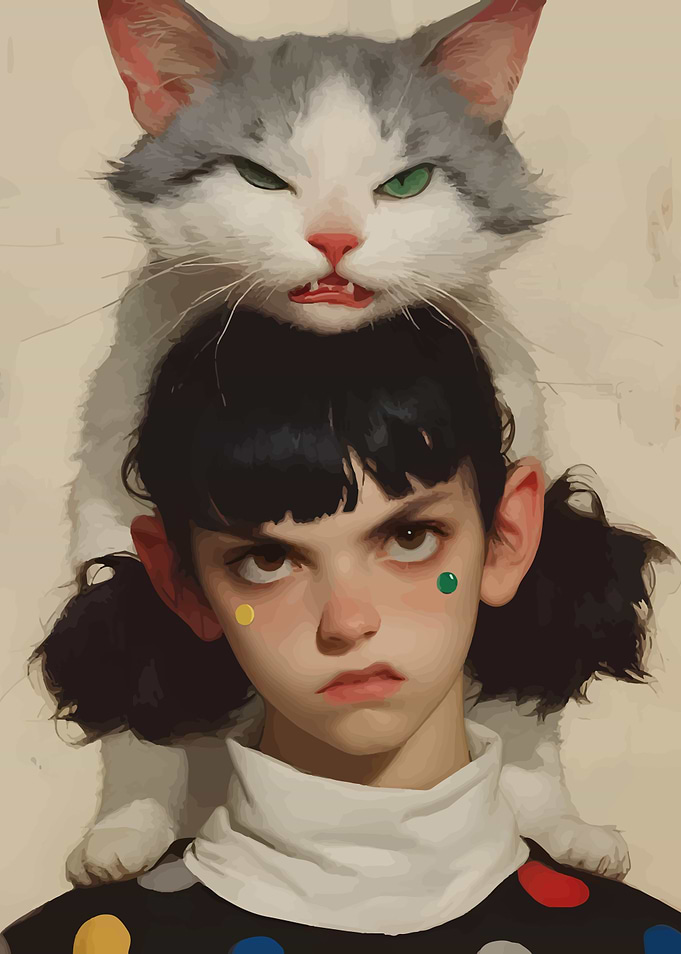 Girl with Angry Cat on Head
