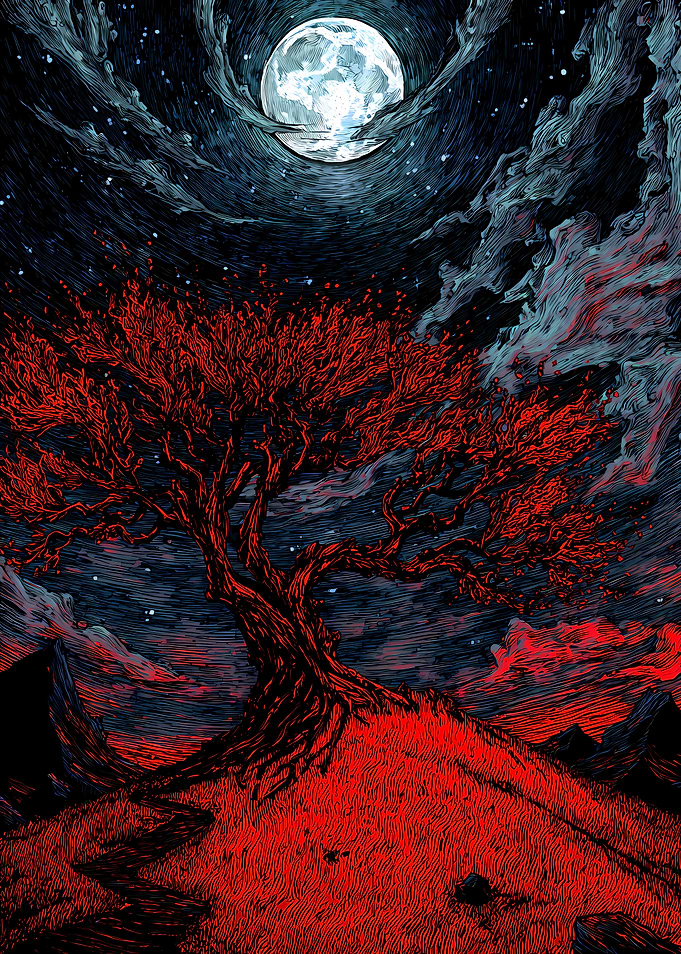 Red Tree Under Full Moon