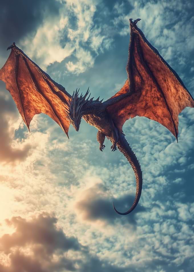 Dragon soaring through cloudy sky