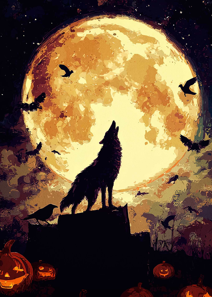 Halloween Night Wolf Howling at Moon