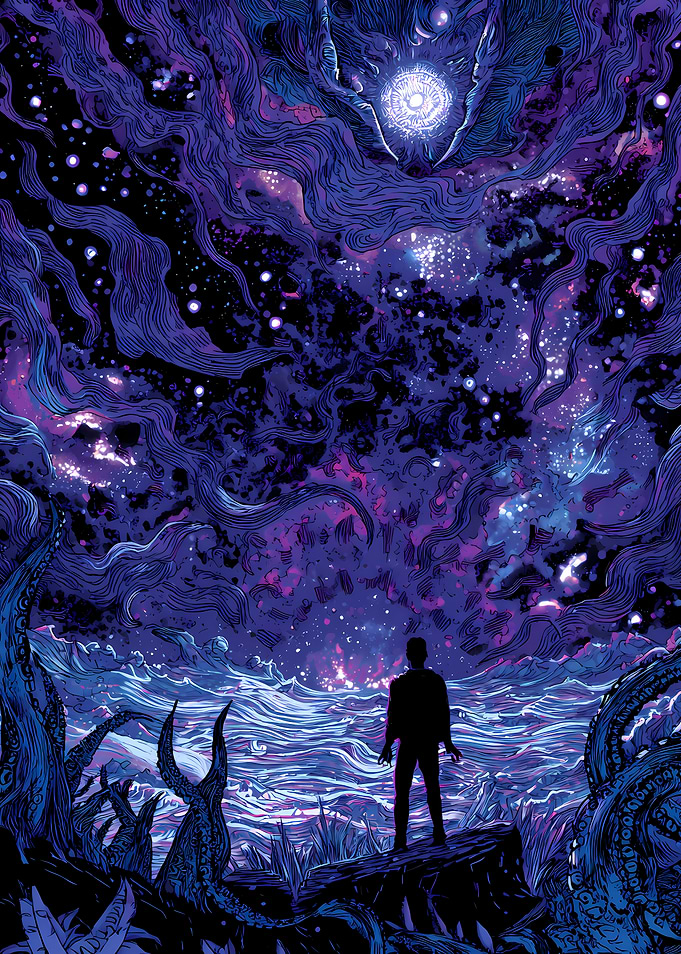 Lone Figure Facing Cosmic Horror Over the Ocean