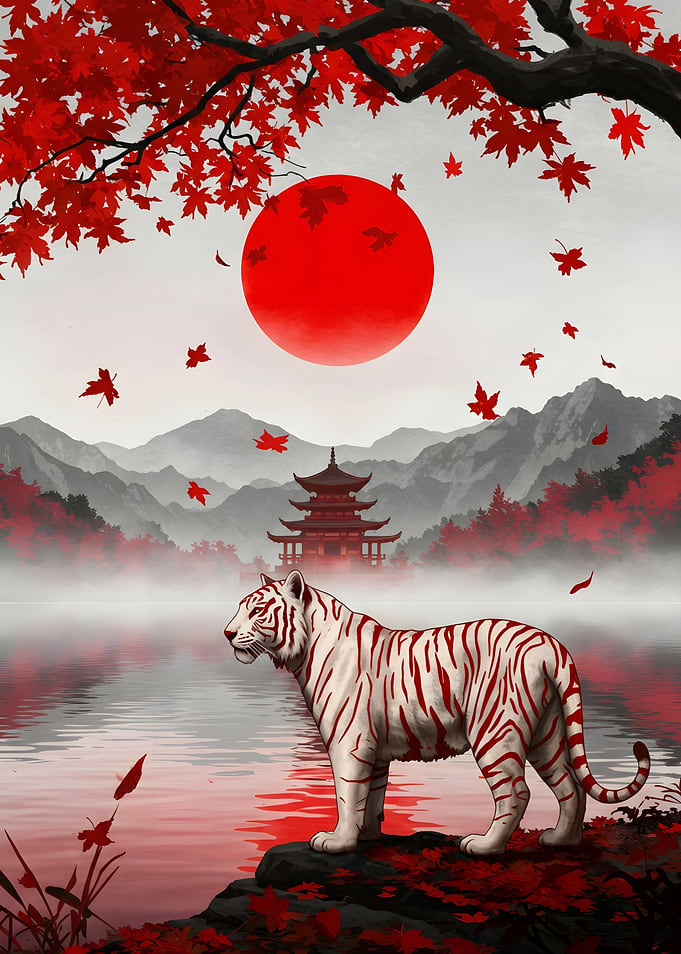 White Tiger in Japanese Landscape