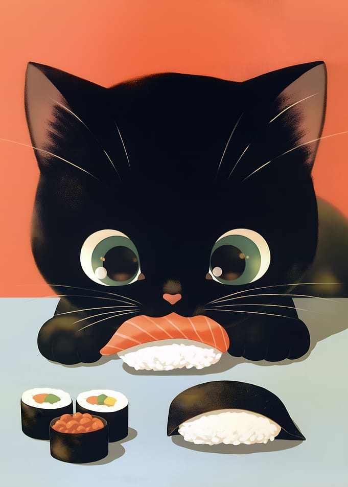 Black Cat with Sushi Feast