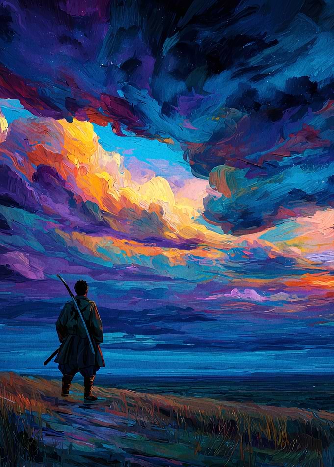 Warrior Gazing at Colorful Sky Painting