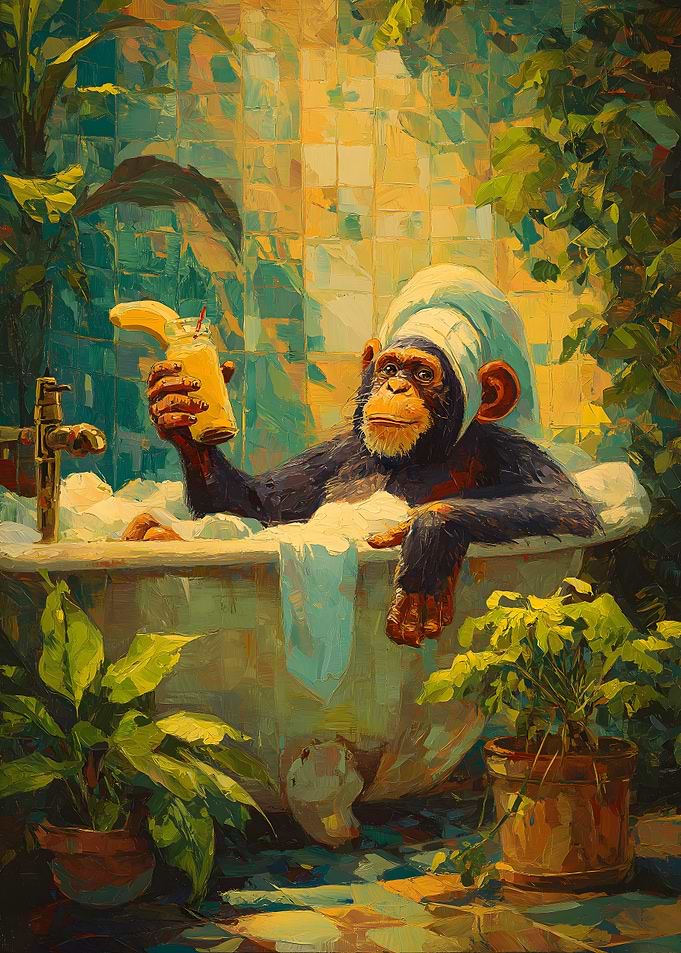 Chimpanzee in Bathtub with Drink