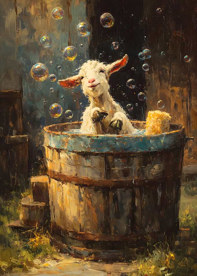 Happy Goat in Tub with Bubbles