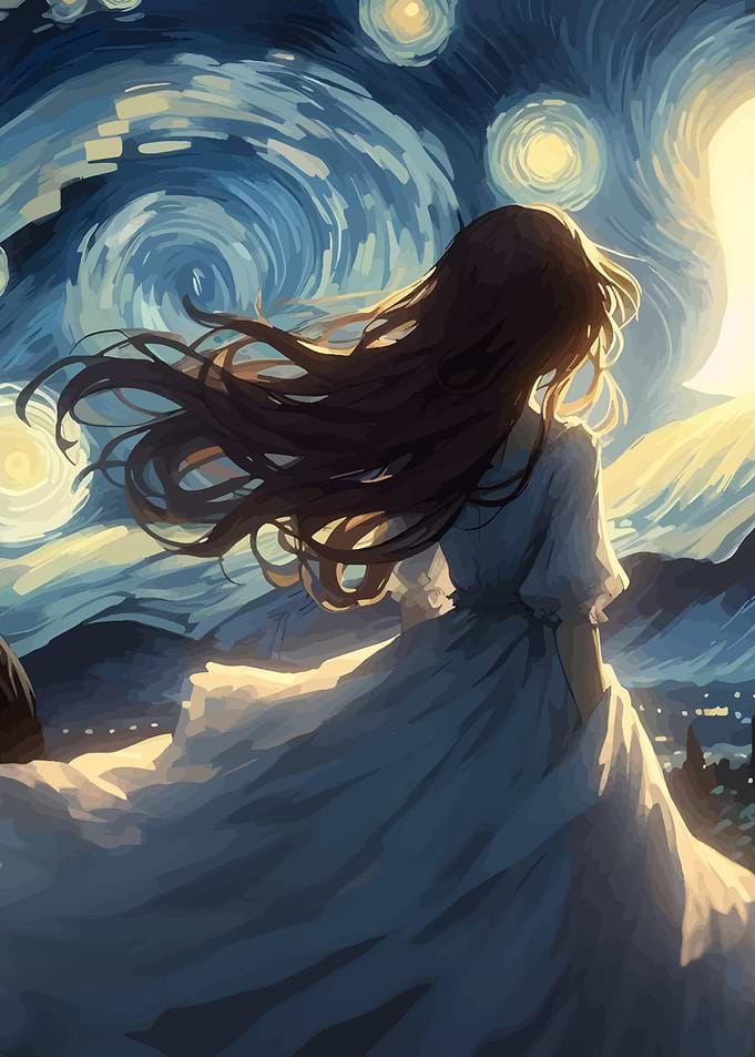 Girl in White Dress Under Starry Sky