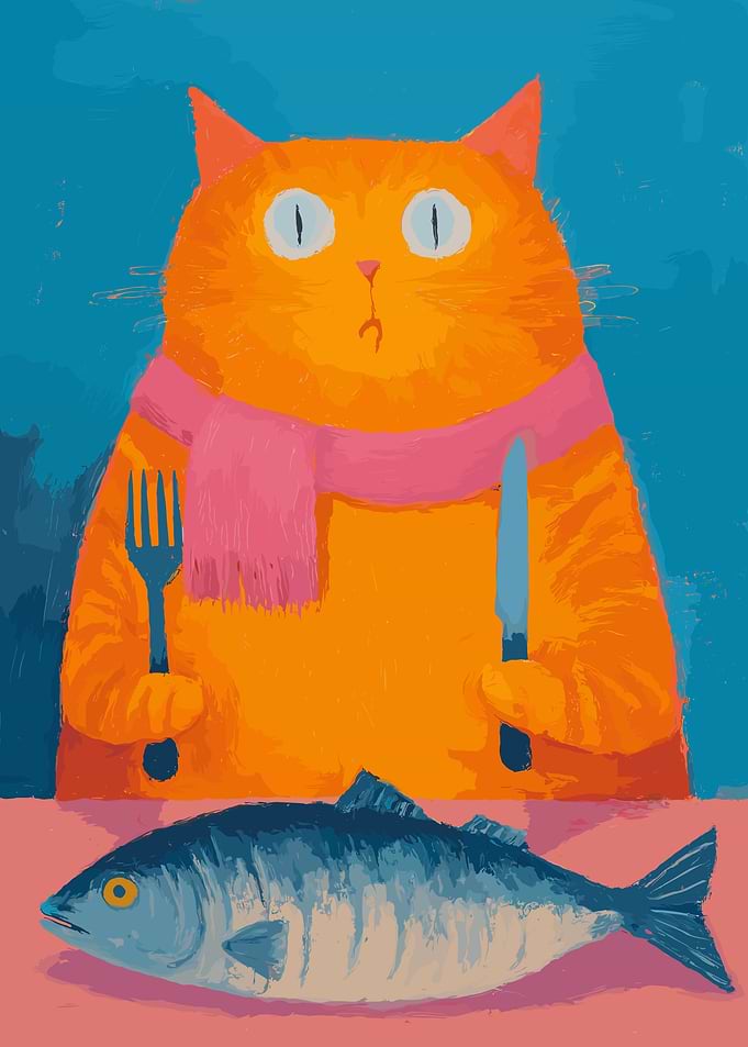 Cat with Fish Dinner