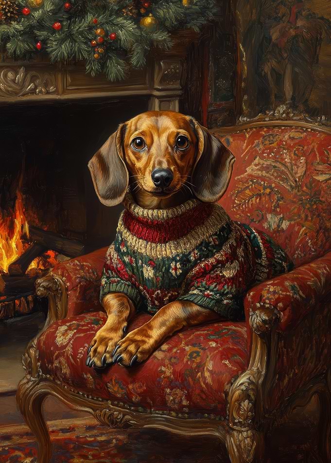 Dachshund in Christmas Sweater by Fireplace | Cozy Holiday Dog Wall Art