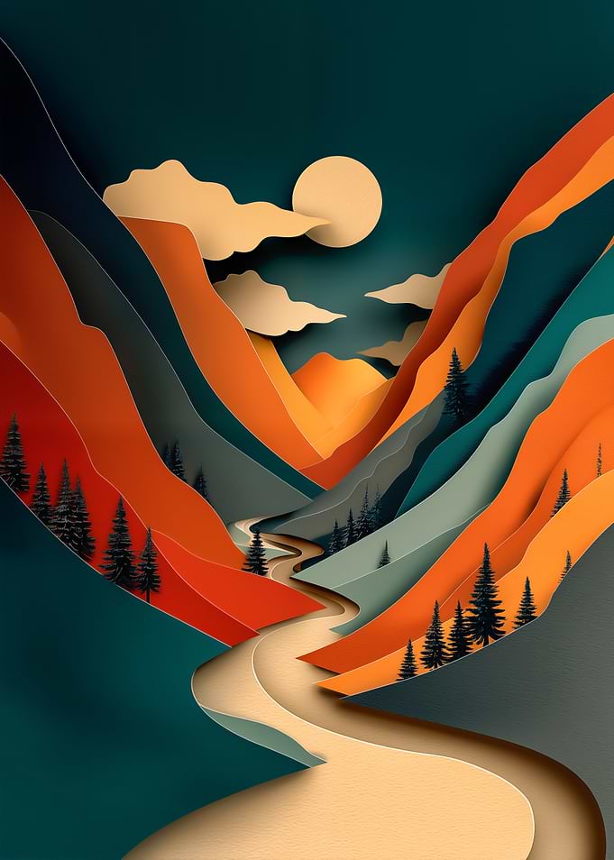 Layered Mountain Landscape with Winding Road