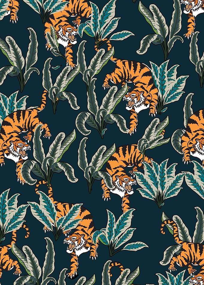 Tiger and Tropical Leaves Pattern