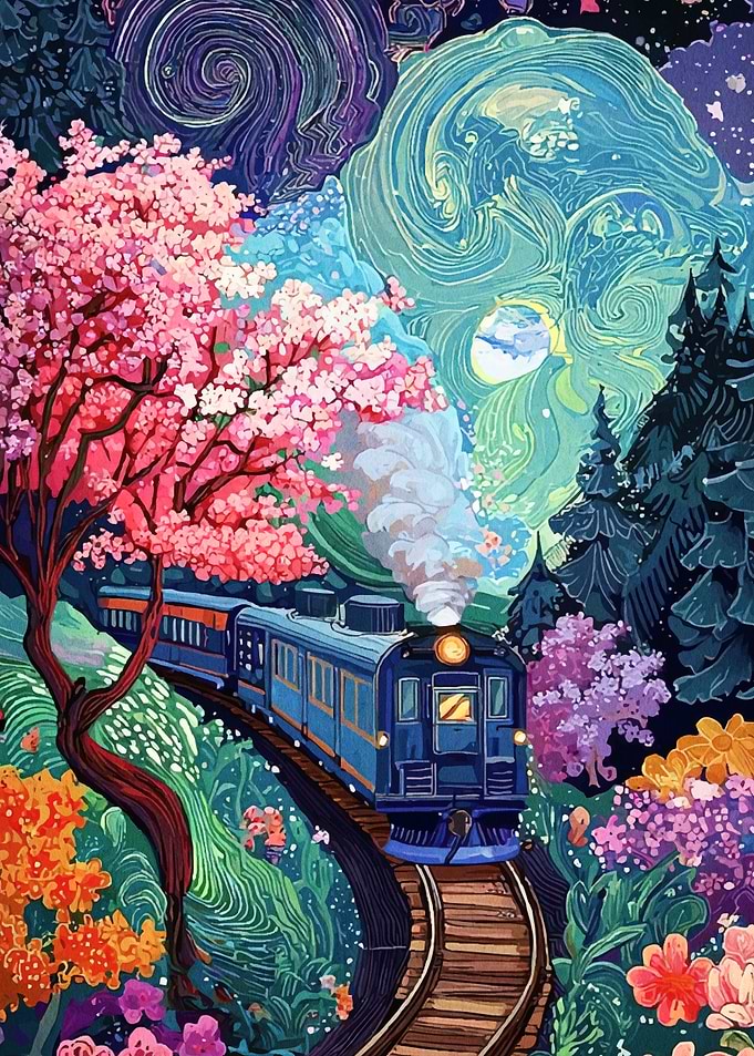 Train Through Floral Landscape