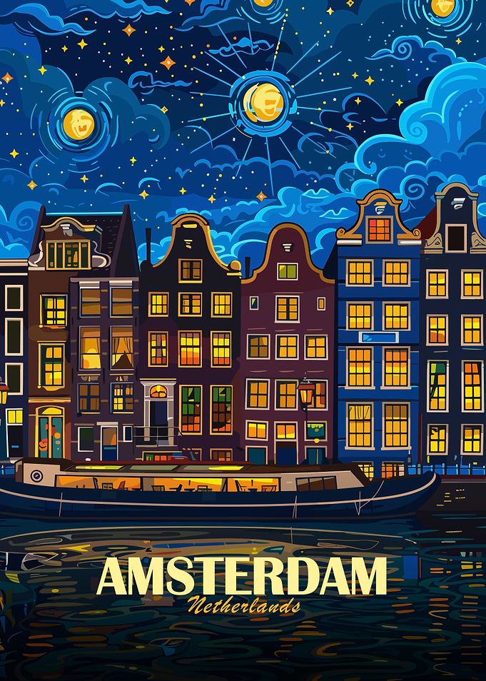 Amsterdam Netherlands Night Cityscape Art