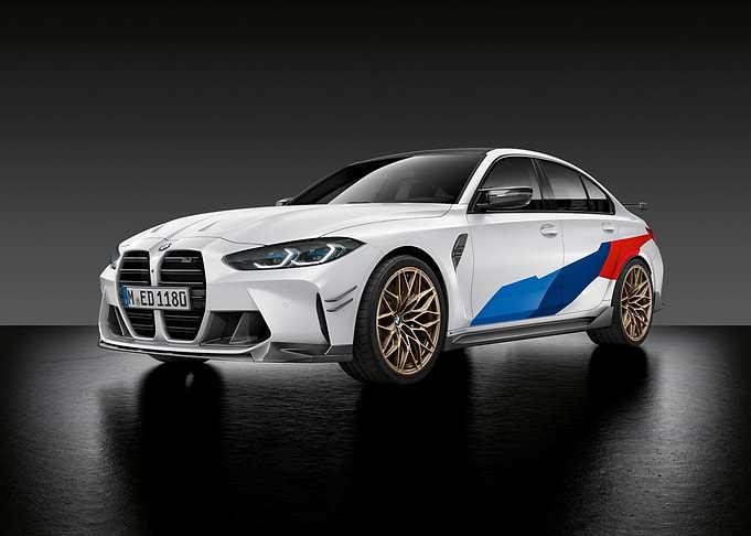 White BMW M3 with racing stripes