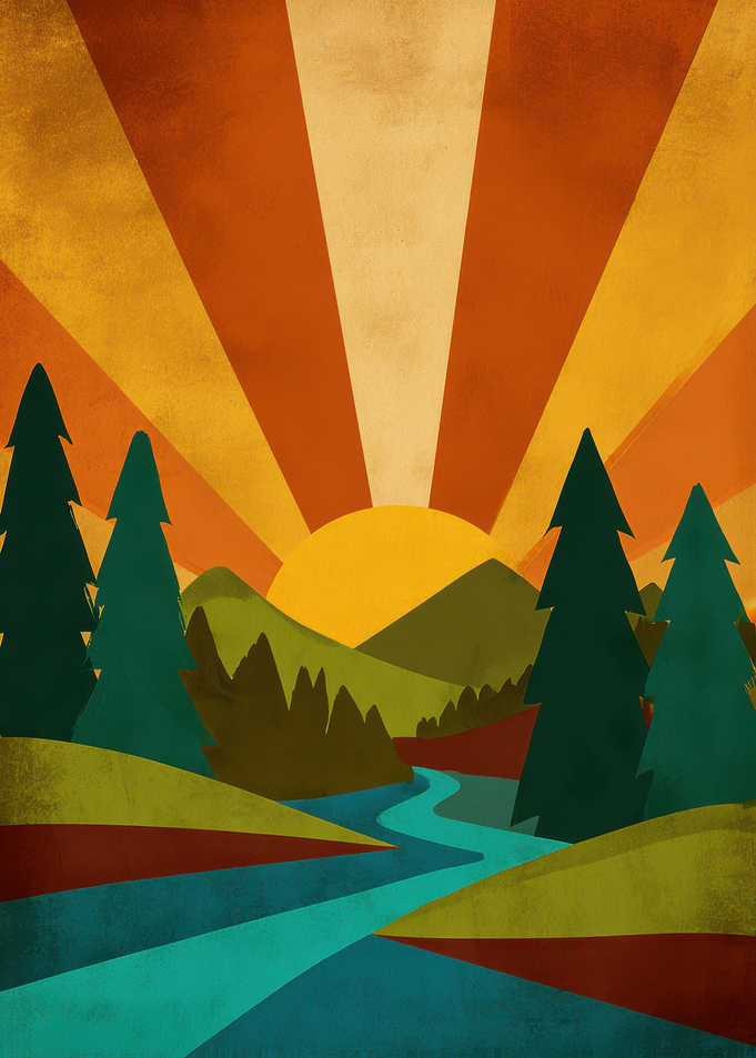 Retro Landscape with River and Sunburst