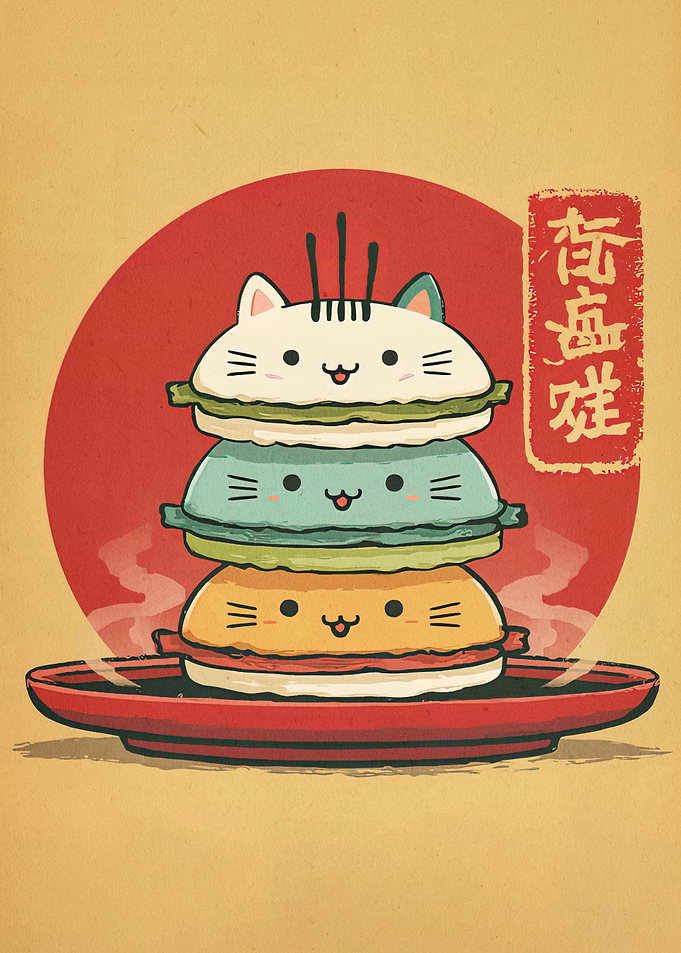 Cute Cat Macarons Tower Illustration