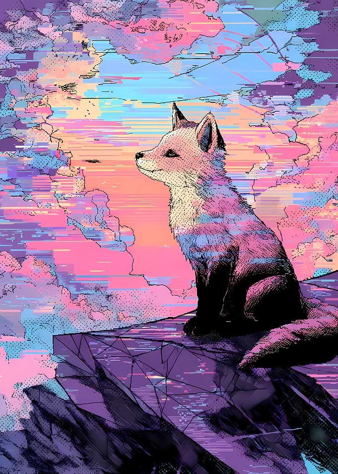 Fox on a Cliff Under a Pastel Glitch Sky