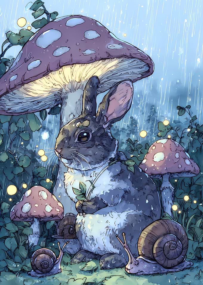Bunny Under Mushroom in the Rain