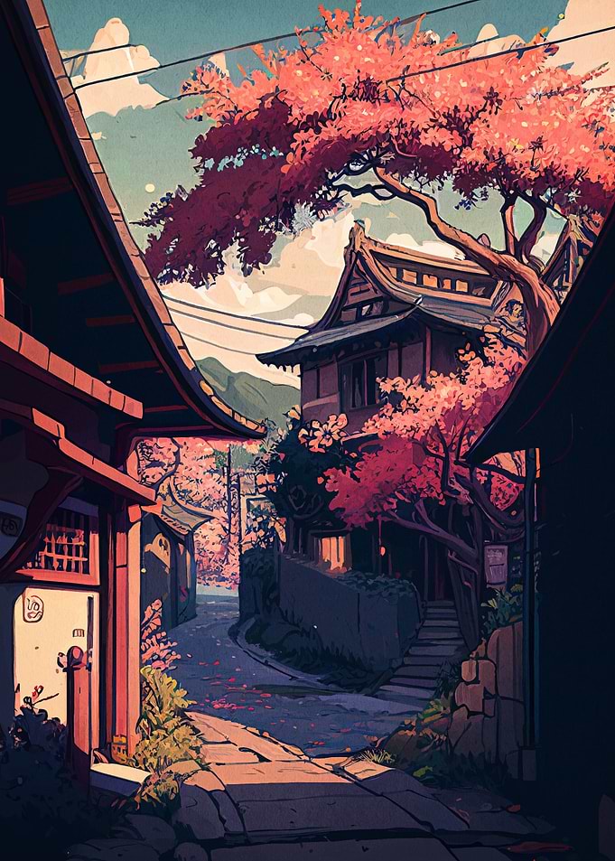 Japanese Street with Cherry Blossoms