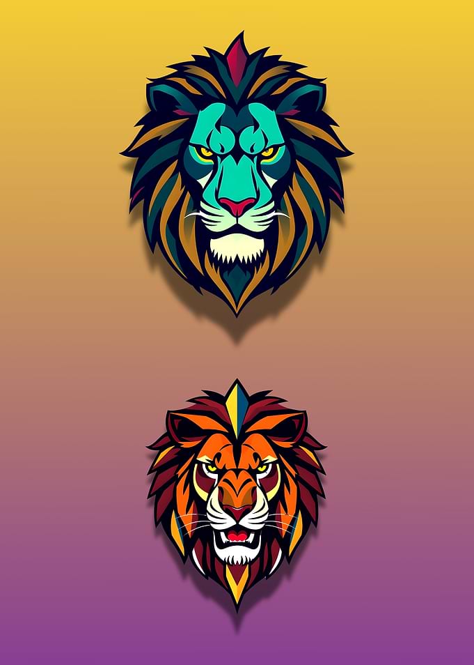 Two Colorful Lion Head Illustrations