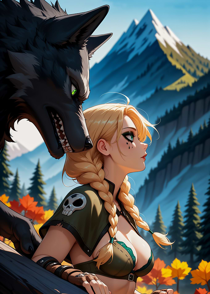 Huntress Anime Girl with Wolf in Mountains