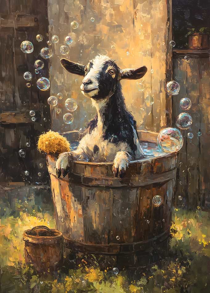 Goat in Tub with Bubbles