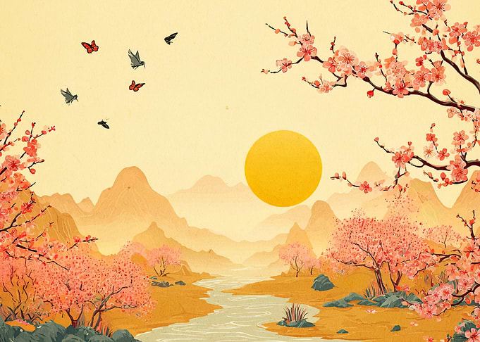 Asian Landscape with Cherry Blossoms