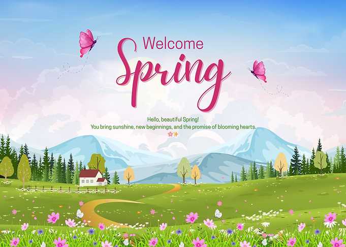 Welcome Spring Landscape with Butterflies