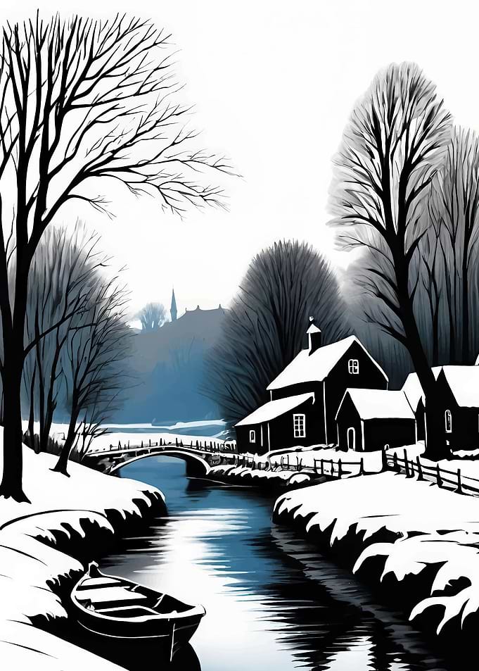 Winter Village Landscape with River