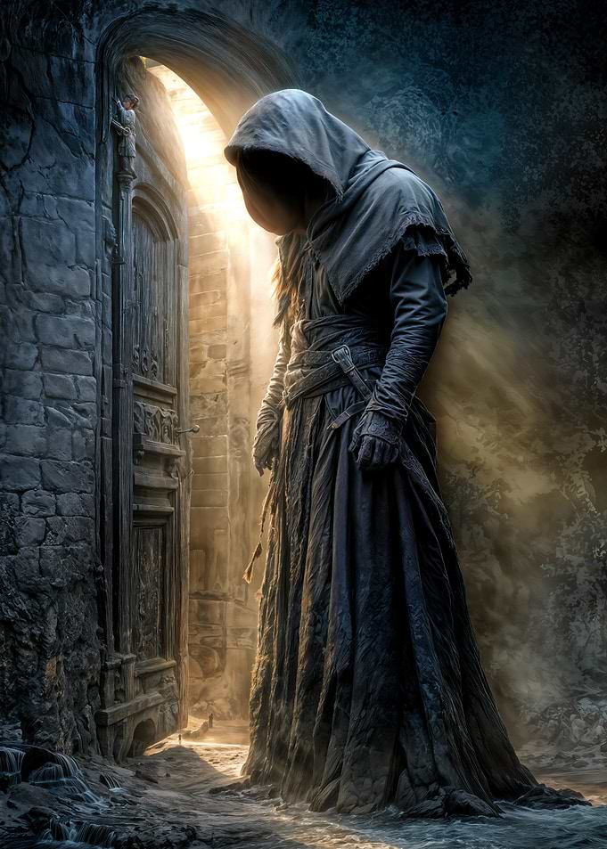 Devil's Monk Hooded Figure in Stone Archway