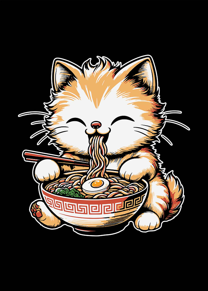 Cute Cat Eating Ramen Illustration