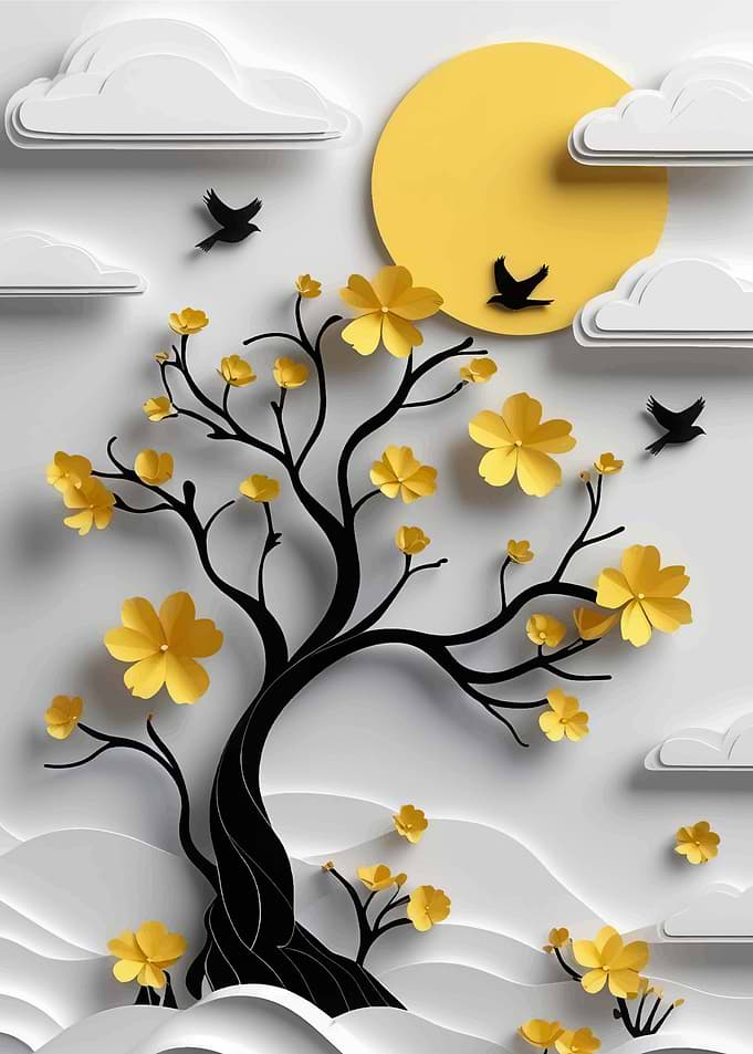 Paper Cut Tree with Yellow Flowers