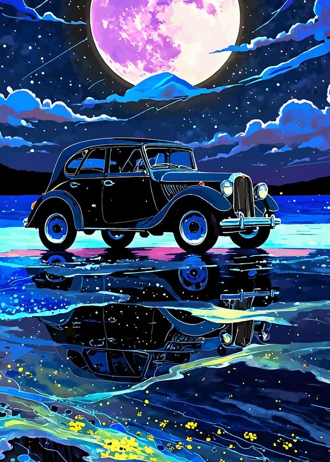 Vintage Car Under a Full Moon