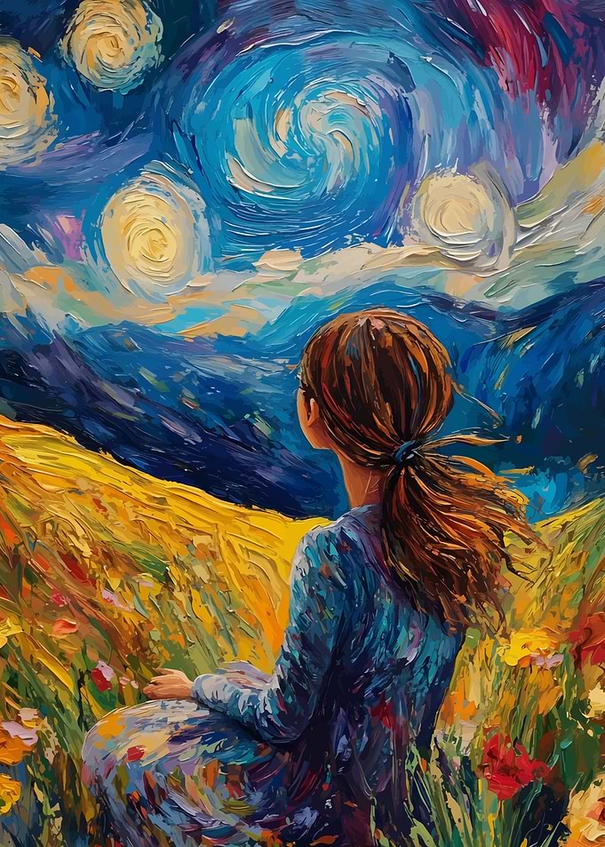 Girl Gazing at Starry Night Painting