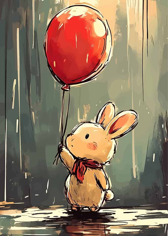 Rabbit with Red Balloon in Rain