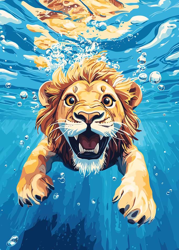 Lion Swimming Underwater