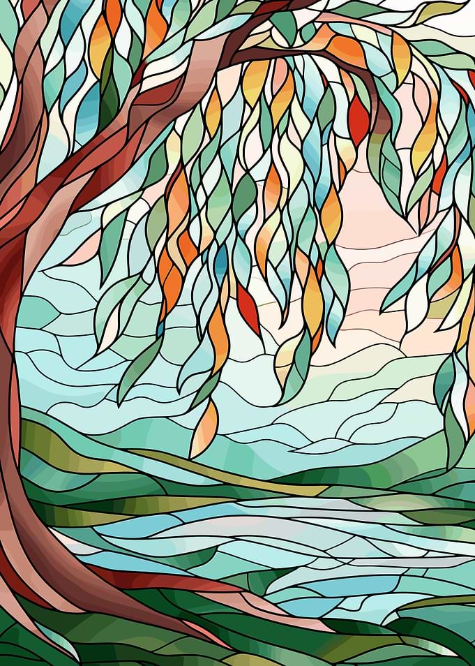 Stained Glass Willow Tree Landscape