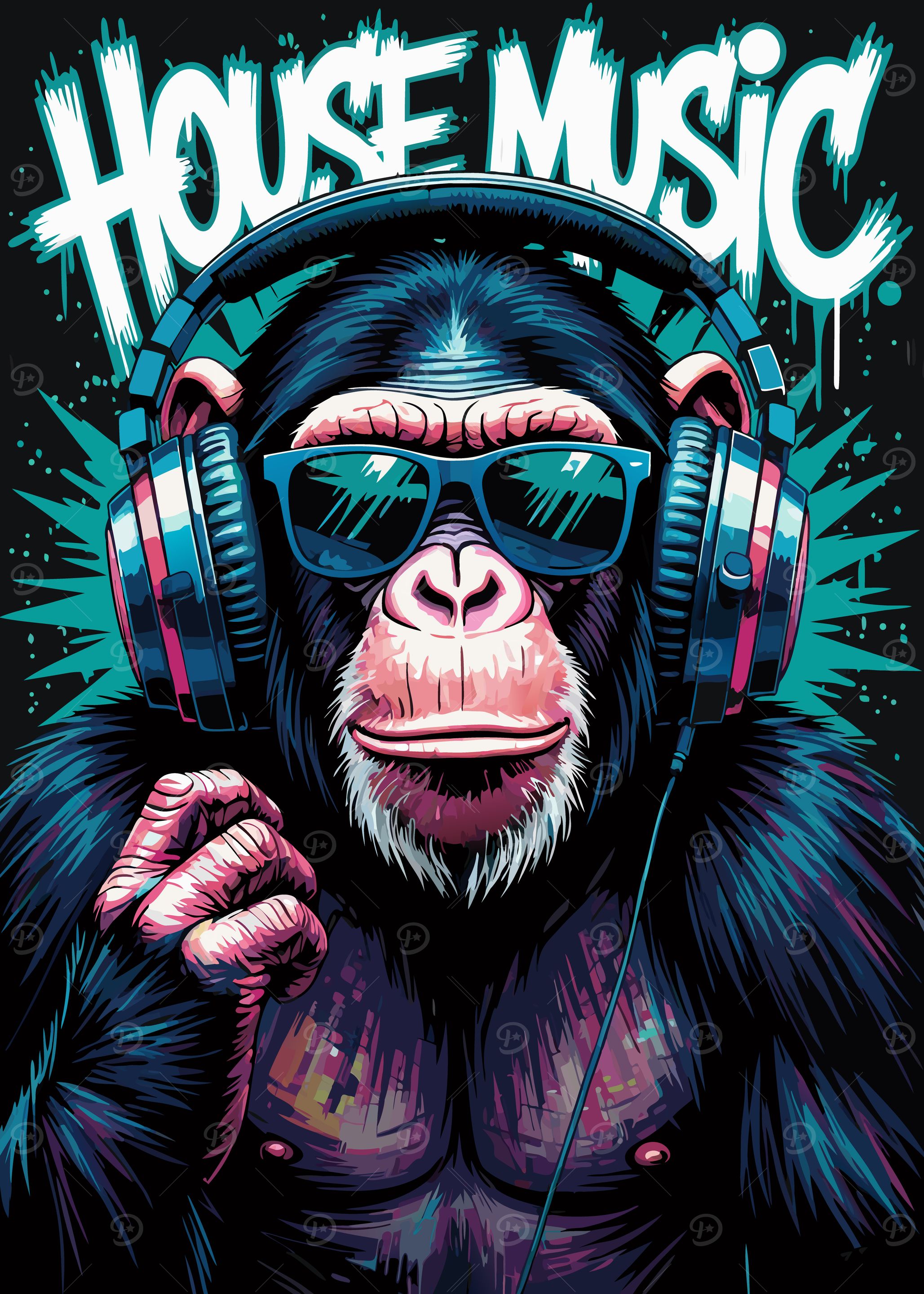 Chimpanzee DJ with Headphones and Sunglasses