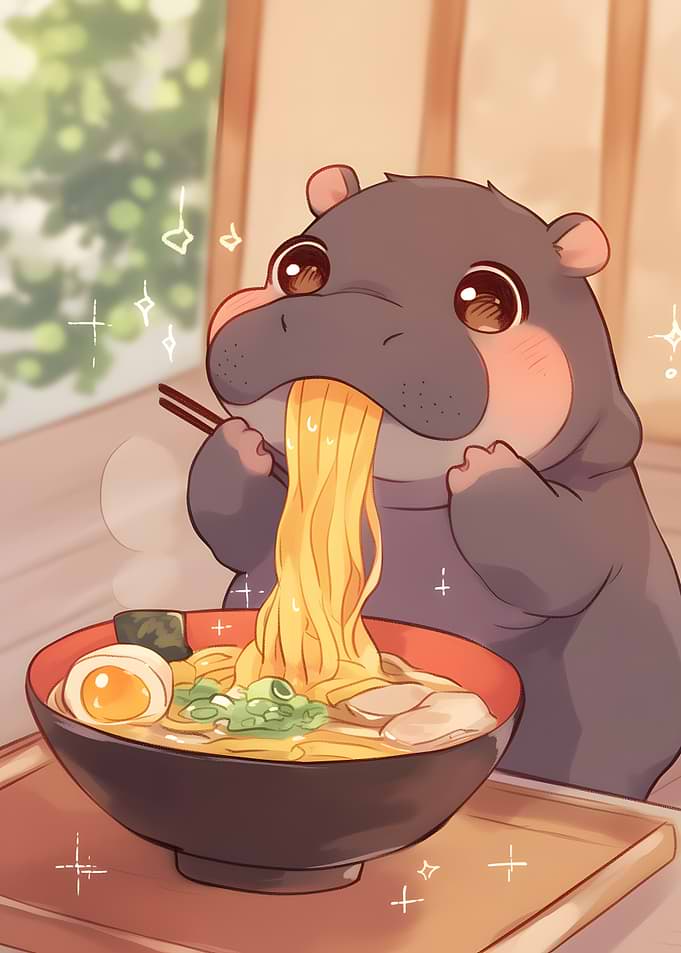 Cute Hippo Eating Ramen Illustration