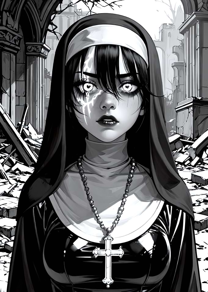 Monochrome Nun with Glowing Eyes