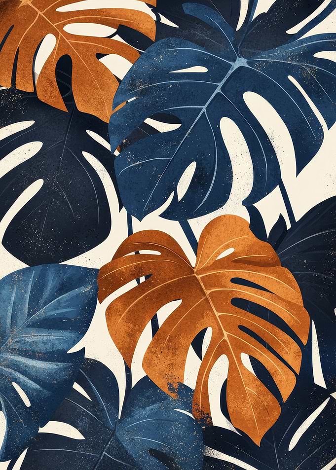 Monstera Leaves Pattern in Blue and Brown | copper monstera prin