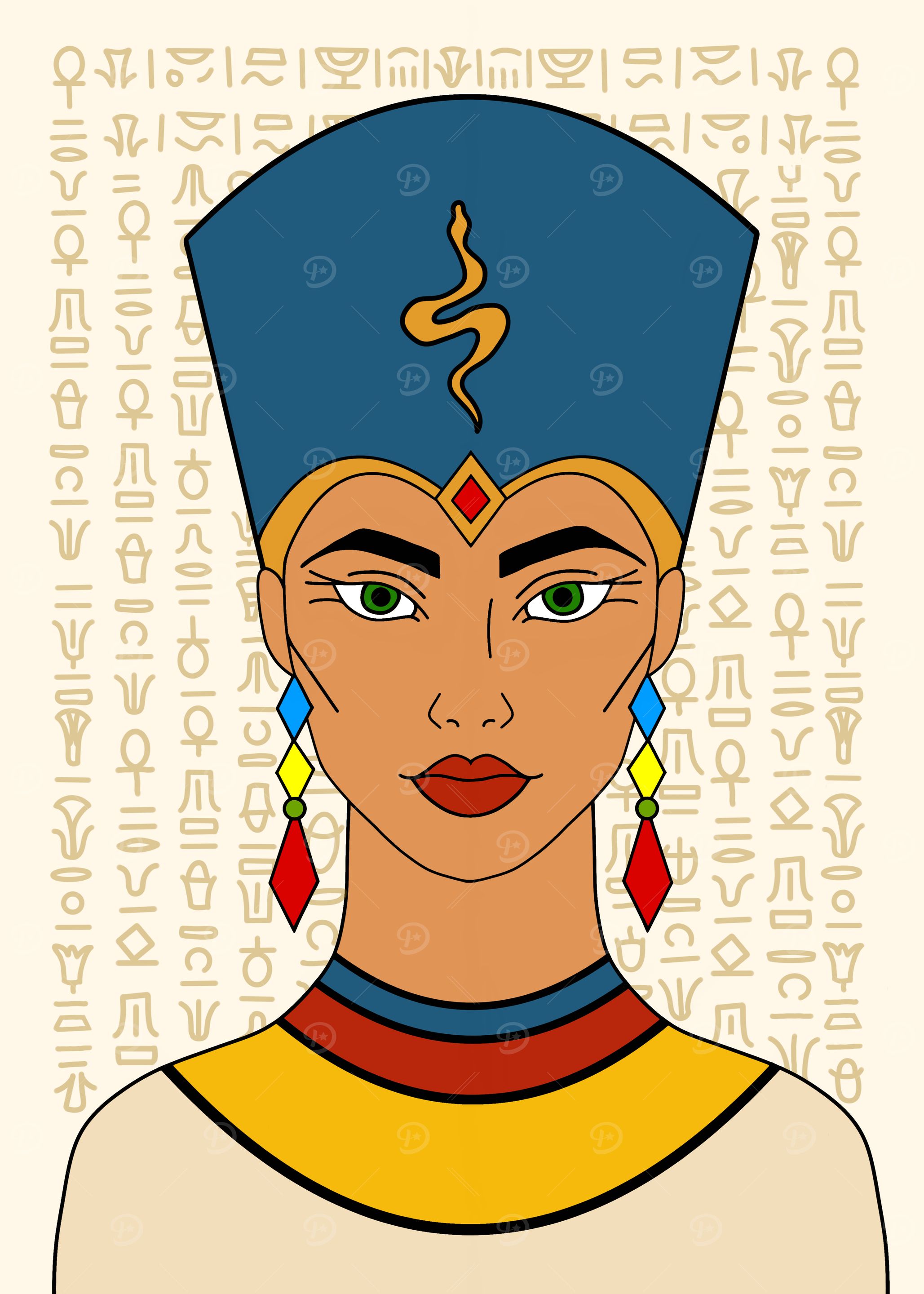Nefertiti Portrait with Hieroglyphic Background