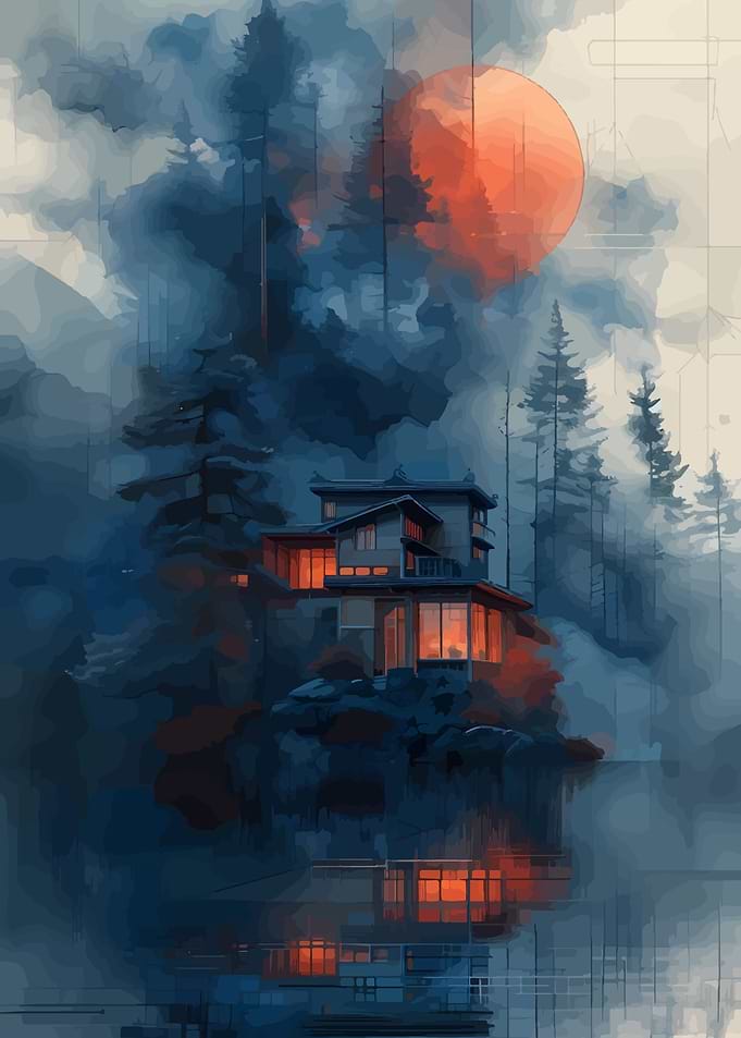 Japanese House at Sunset Painting